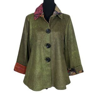 OLIVE FAUX SUEDE WITH ABSTRACT COLLAR AND CUFF 3 BUTTON JACKET